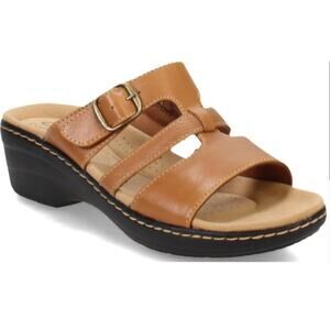 Clarks Merliah Pearl Tan Leather Adjustable Buckle Summer Slip On Sandal 9